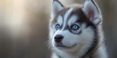 Siberian husky puppy with striking blue eyes gazing curiously in a natural setting during golden hour photo