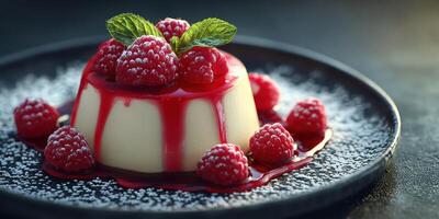Delicious raspberry panna cotta served on a black plate with fresh mint leaves on a sunny afternoon photo