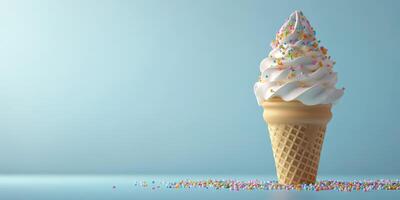 Delightful ice cream cone topped with whipped cream and colorful sprinkles on a light blue background photo