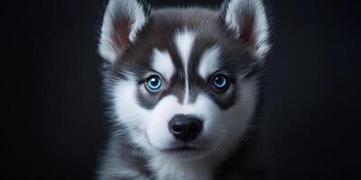 Adorable husky puppy with striking blue eyes poses against a dark backdrop showcasing its fluffy fur and captivating expression photo