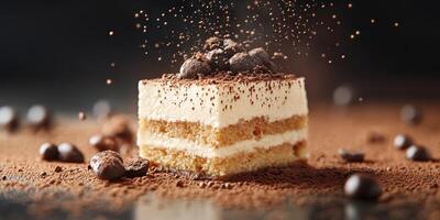 Delicious dessert showcasing layers of cream and cake with cocoa powder and coffee beans on a dark background photo