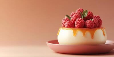 Delicious dessert featuring creamy panna cotta topped with fresh raspberries and caramel sauce on a soft background photo