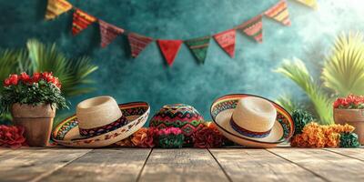Colorful sombreros and vibrant decorations create a festive atmosphere in a sunny setting photo