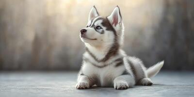 Playful husky puppy relaxing indoors with soft light in background during peaceful afternoon photo