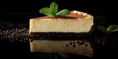 Delicious cheesecake slice with a cocoa dusting and mint garnish on a dark background photo