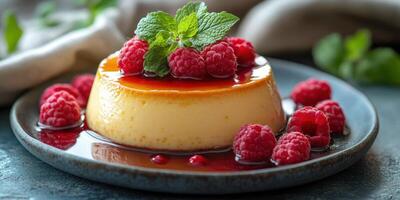 Deliciously creamy flan topped with fresh raspberries and mint on a dark plate photo