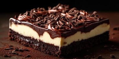 Indulgent chocolate dessert layered with creamy filling and topped with chocolate shavings photo
