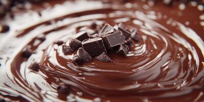 Rich melted chocolate swirls with dark chocolate chunks on a smooth surface, ideal for desserts and baking creations photo