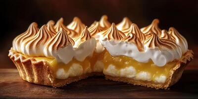 Delicious lemon meringue pie presented on a rustic wooden table with golden crust and fluffy meringue peaks in soft lighting photo