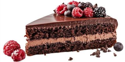 Decadent chocolate cake layered with rich mousse and topped with fresh berries photo