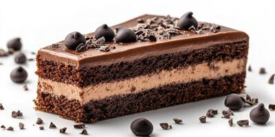 Rich chocolate cake slice decorated with chocolate chips and shavings on a clean surface photo