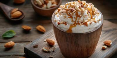 Creamy dessert with whipped cream, nuts, and caramel served in a wooden bowl on a rustic table photo