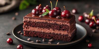 Delicious chocolate cake with cherries and mint on a dark plate photo