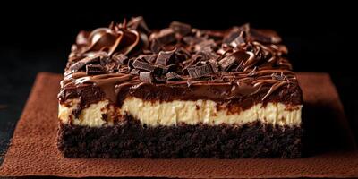 Delicious chocolate cheesecake brownie served on a brown napkin with dark chocolate shavings on top photo