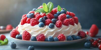Delicious dessert featuring a cream-based cake topped with fresh raspberries and blueberries arranged beautifully photo