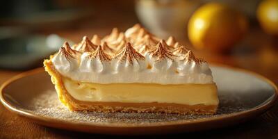 Sliced lemon meringue pie served on a wooden table with fresh lemons in the background photo