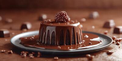 Delicious chocolate dessert with raspberry topping served on a dark plate in a warm setting photo