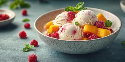 Delicious dessert featuring scoops of ice cream with fresh mango and raspberry at a cozy setting photo
