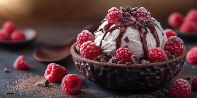 Indulgent dessert featuring scoops of ice cream topped with raspberries and chocolate drizzle in an elegant bowl photo