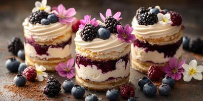 Delicious layered desserts topped with berries and flowers display vibrant colors and textures photo