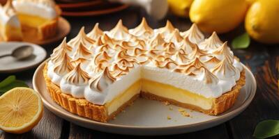 Lemon meringue pie with golden peaks served on a wooden table surrounded by fresh lemons photo
