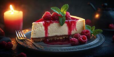 Delightful raspberry cheesecake served on a dark plate with a candle in the background during an evening gathering photo