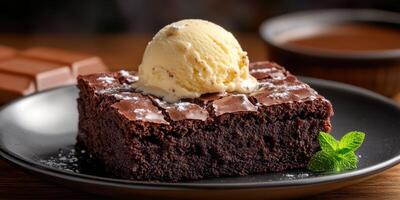 Delicious brownie topped with vanilla ice cream served on a plate with mint garnish photo