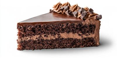 Chocolate layer cake slice decorated with frosting and chocolate chips on a white background photo