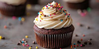 Chocolate cupcake topped with creamy frosting and colorful sprinkles on a rustic table photo