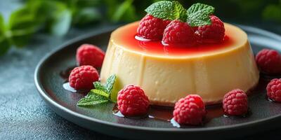 Delicious dessert features creamy panna cotta topped with fresh raspberries and mint leaves on a dark plate photo