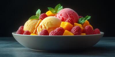 Colorful fruit and ice cream dessert served in a bowl with fresh raspberries and mint leaves on a dark background photo