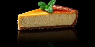 Delicious slice of creamy cheesecake garnished with fresh mint on a reflective surface photo