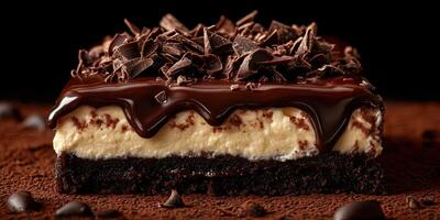 Chocolate dessert layered with creamy filling and topped with chocolate shavings sits invitingly against a dark background photo
