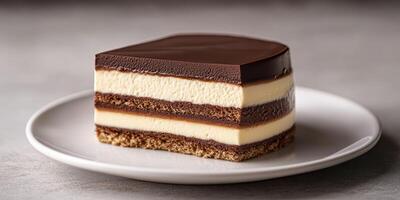 Delicious dessert slice featuring layers of chocolate and cream displayed on a simple white plate photo