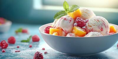 Refreshing summer dessert bowl filled with creamy ice cream, juicy fruits, and vibrant berries at a sunlit table photo