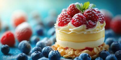 Delicious dessert topped with fresh raspberries and blueberries on a vibrant blue background photo