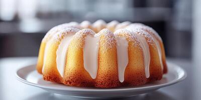 Delicious bundt cake with icing displayed on a white plate in a modern kitchen setting photo