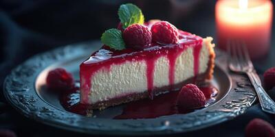 Delicious raspberry cheesecake on a silver plate next to a flickering candle in a cozy dining atmosphere photo