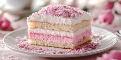 Delicious layered cake with pink frosting and coconut shavings presented on a white plate photo