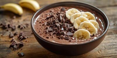 Rich chocolate smoothie bowl topped with fresh banana slices and dark chocolate chunks on a wooden surface photo