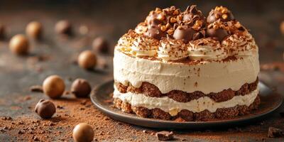 Delicious chocolate cake topped with nuts and cream served on a dark plate photo