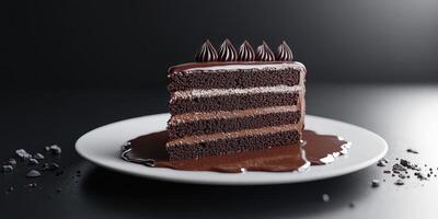 Indulgent chocolate cake slice served on a white plate with rich chocolate sauce photo
