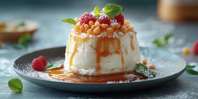 Delicious dessert topped with fresh berries served on a dark plate during a stylish dining occasion photo