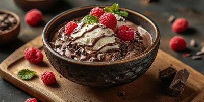 Indulgent chocolate dessert topped with raspberries and whipped cream served in a rustic bowl on a wooden board photo