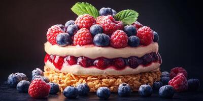 Delicious layered cake topped with fresh berries and mint leaves on a dark background photo