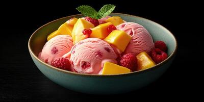 Refreshing summer dessert featuring raspberry and mango ice cream with fresh fruit in a bowl photo
