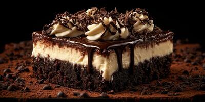 Decadent chocolate dessert topped with creamy frosting and chocolate shavings on a dark background photo