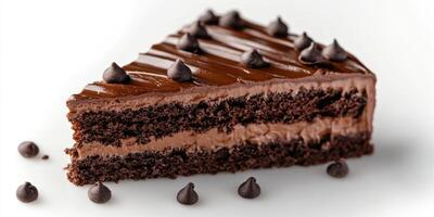 Delicious chocolate cake slice with rich frosting and chocolate chips in a clean presentation photo