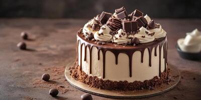 Indulgent chocolate cake with rich frosting and toppings displayed on a rustic surface photo