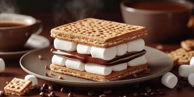 Delicious dessert featuring toasted marshmallows, chocolate, and graham crackers arranged on a plate with hot chocolate photo